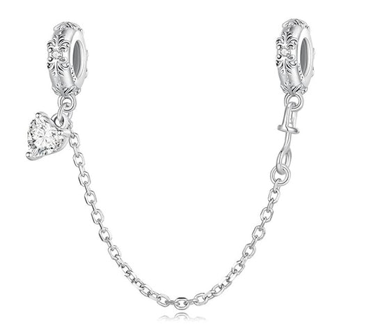 Zilveren veiligheidsketting met hangend hartje en zirkonia steentjes voor bedelarmband - S925 Sterling Zilver - LERROSA